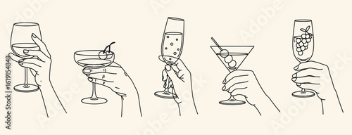 Vector art of elegant hands holding various cocktail glasses, showcasing a collection of alcoholic beverages perfect for parties, celebrations, and social gatherings, adding a touch of sophistication 