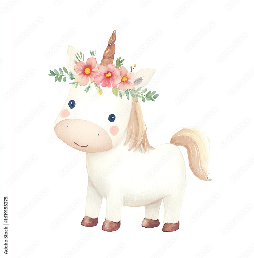 Fototapeta premium Cute Watercolor Unicorn with Floral Crown