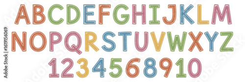 Vector art of colorful alphabet and number set isolated on white background, featuring a playful and decorative design with a scribble texture, perfect for educational materials and creative projects