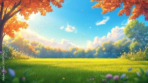 Autumn nature landscape with sunlight illustration. Meadow and trees with grass and field under blue sky. Foliage leaves create a vibrant, peaceful environment, fantasy style, perfect background.