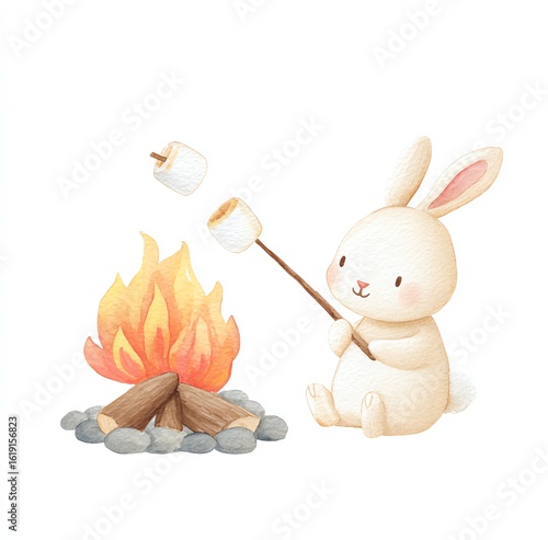 Cute Bunny Roasting Marshmallows by the Campfire