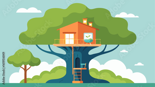 Branch View Living A tall sy tree with a spacious living area built into its trunk complete with oversized windows displaying a snug interior. A winding pathway wraps around the