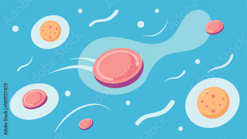 Cellular Dance A dynamic illustration featuring skin cells in motion with exosomes swirling around them indicating an active and lively regeneration process.
