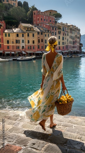 A woman in a flowing floral dress carries a basket of lemons along a waterfront promenade in a picturesque coastal town, bathed in warm sunlight.