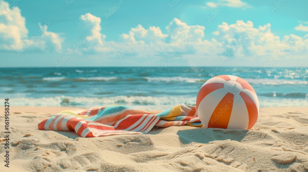 Obraz premium Beach scene with striped towels, inflatable ball, and sun umbrellas on golden sand under a bright blue sky, capturing the carefree spirit of a summer beach day