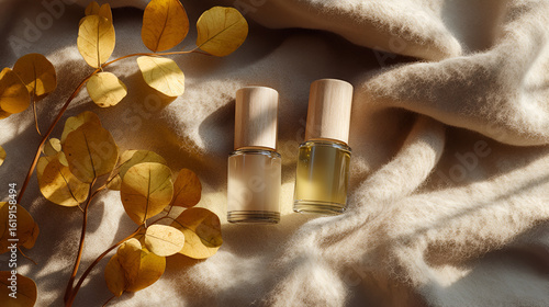 Two minimalist bottles rest on a cozy fabric, adorned with delicate, yellow foliage. Soft, natural light.