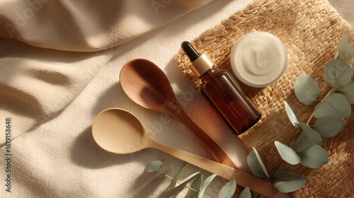 Neutral-toned skincare products, wooden spoons, and eucalyptus arranged on woven mat and cloth.