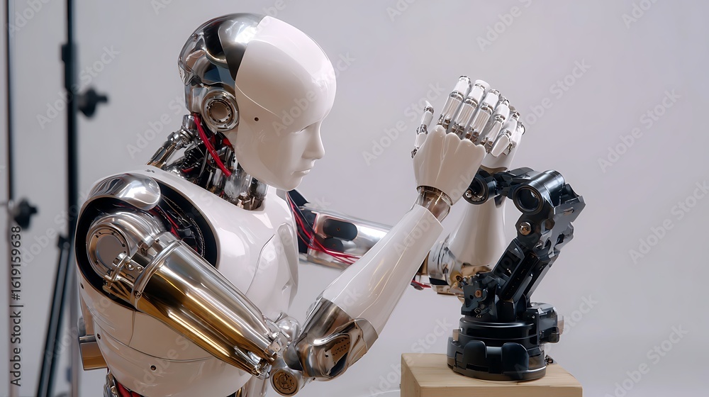 Naklejka premium Futuristic humanoid robot interacting with robotic arm in a modern studio setting for technology photography