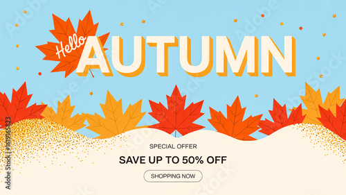 Hello Autumn sale banner with falling leaves and golden glitter image