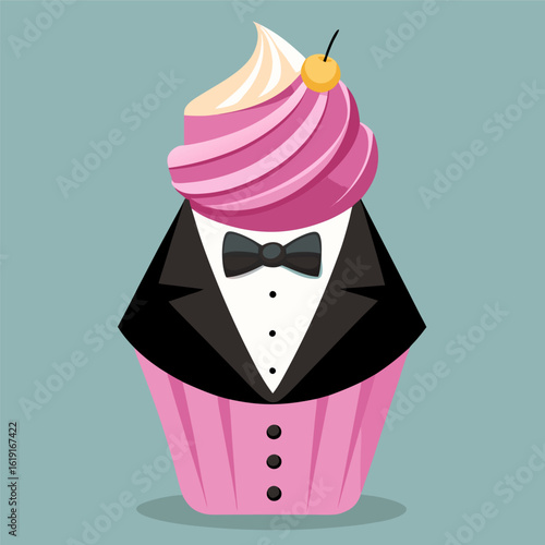 Dapper Dessert A whimsical cupcake featuring a bright pink frosting piped into a smooth swirl elegantly sitting in a mini tuxedo made of edible black fondant. The tuxedo includes a