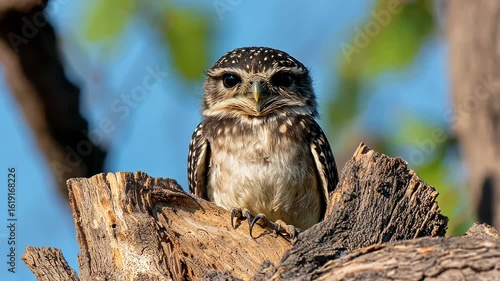 Adorable Spotted Owlet Perched on a Tree Stump