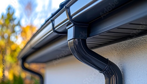 Closeup of a sleek with modern black gutter system on a house Architecture detail.