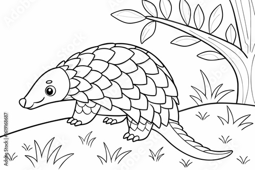 Cute Pangolin Walking Near Tree and Grass.