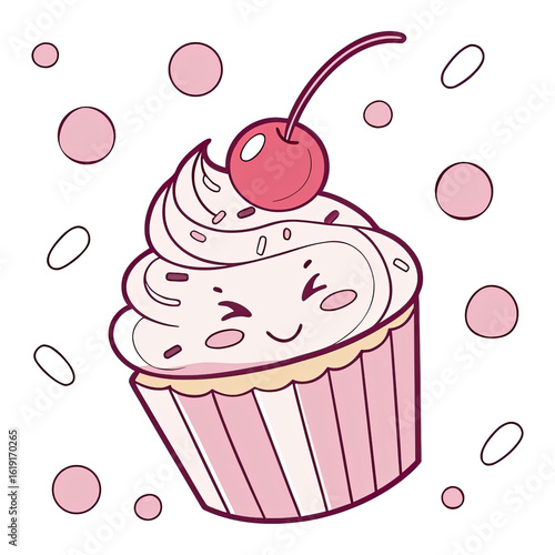 Cute cupcake with cherry on top in pastel colors and sprinkles  
