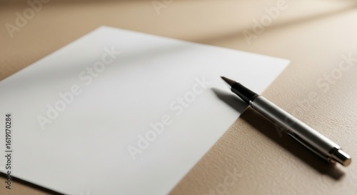 Wallpaper Mural Blank White Paper with Pen on Light Brown Desk for Office or Creative Work Torontodigital.ca