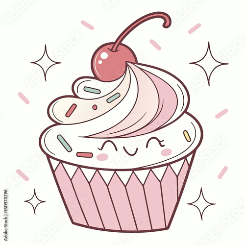 Cute cartoon cupcake with cherry and colorful sprinkles  