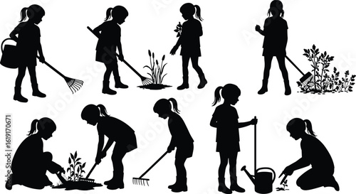 Silhouette of girls gardening with tools, planting, watering, raking, outdoor child activity, kids working in garden, black vector art