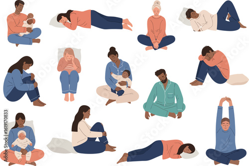 Diverse group of people of various ages and ethnicities resting and relaxing in comfortable poses on pillows and blankets indoors