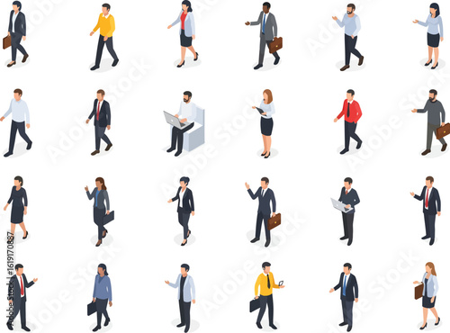 Collection of diverse isometric business people in professional attire engaged in various activities and poses on a white background