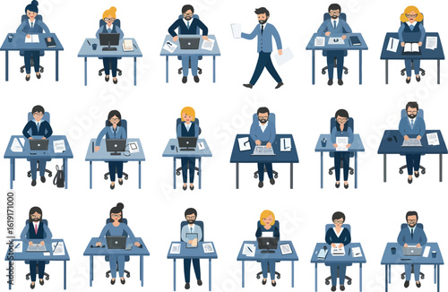 Diverse group of cartoon business people working diligently at their desks with laptops and computers in an office setting