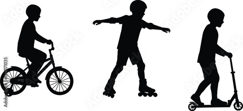 Silhouette of kids riding bicycle, roller skates, and scooter, childhood outdoor activities vector, active children isolated on white background