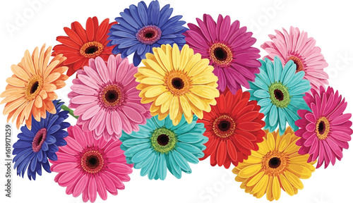 A vibrant arrangement of colorful gerbera daisies with yellow centers, showcasing a spectrum of hues including pink, red, blue, and orange.