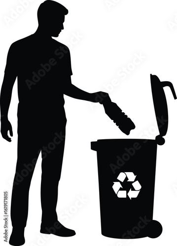 Silhouette of Man Recycling Plastic Bottle into Bin on White Background