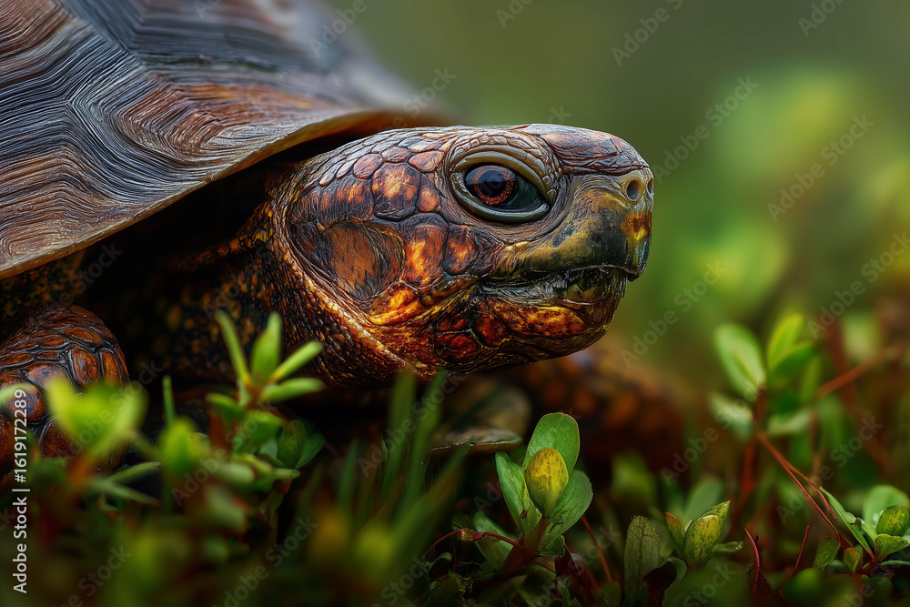 Obraz premium Macro image of a tortoise walking through fresh green grass, with its textured shell and earthy tones. Vivid detail in the tortoise’s skin and surroundings. Ideal for environmental awareness and wildl