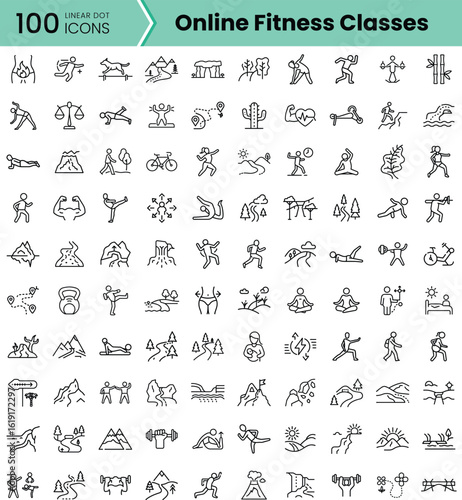 A collection of 100 linear dot icons representing various online fitness classes, showcasing activities like yoga, weightlifting, cycling, and outdoor recreation.