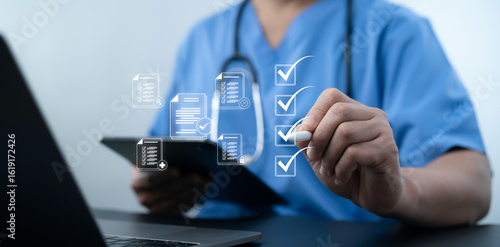 Doctor using digital checklist interface to manage healthcare tasks with touchscreen tablet system for medical records, online form, secure document, checklist data and hospital workflow