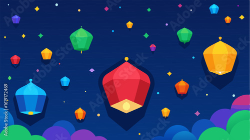 Celestial Gathering An illustration of a lively field illuminated by multicolored floating lanterns each casting vibrant hues of red blue green and yellow into the night. The mix