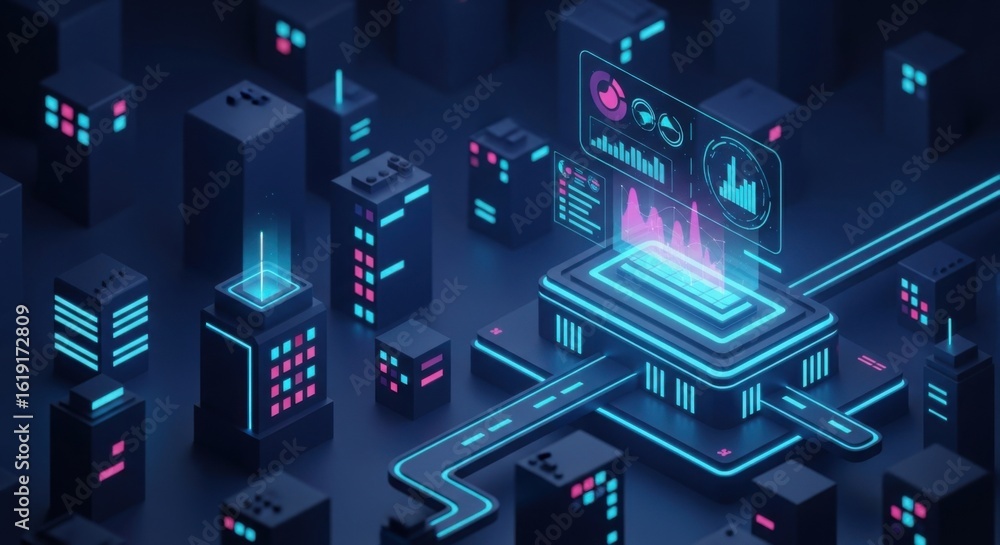 Fototapeta premium Futuristic Digital Data Center with Neon Glowing Charts and Technology Infrastructure