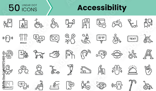 A diverse collection of linear icons representing accessibility features, showcasing tools and symbols for inclusivity in various environments.