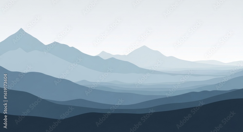 Fototapeta premium Abstract Blue Mountain Landscape with Layered Hills in Soft Gradient Style