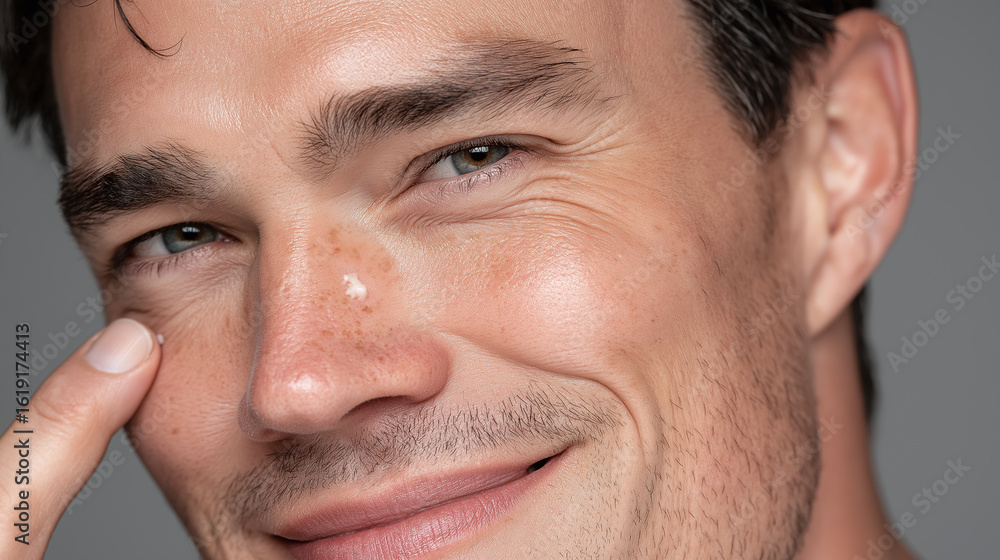 Fototapeta premium Man with bright complexion applying facial balm, showing smooth skin texture and natural smile, close up portrait with soft lighting and gentle expression