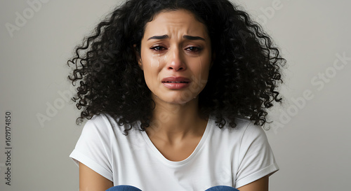 Upset and desperate young woman looking at the camera and crying with tears running down her face