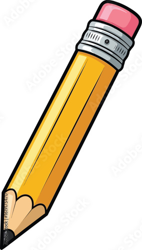 Illustration of a sharpened yellow pencil with a pink eraser and silver ferrule, angled slightly on a white background.
