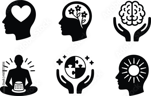 Mental Health and Wellness Icons Set mind brain