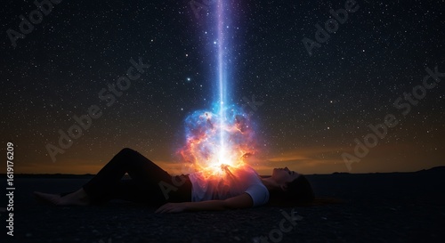 Woman Lying Under a Starry Sky with a Beam of Light Entering Her Chest