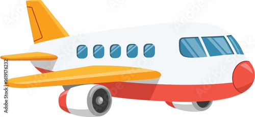 Cartoon airplane with orange wings and tail, red stripe, and blue windows in a side view.