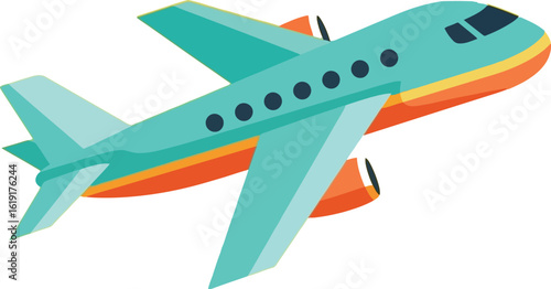 A teal and orange cartoon airplane taking off, with visible windows and engines, isolated on a white background.