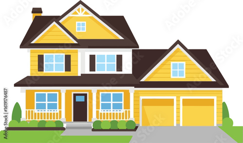 Illustration of a two-story house with a yellow exterior, brown trim, a garage, and a small front yard.
