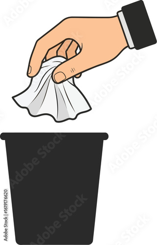 A hand in a suit sleeve drops a crumpled white tissue into a black wastebasket.