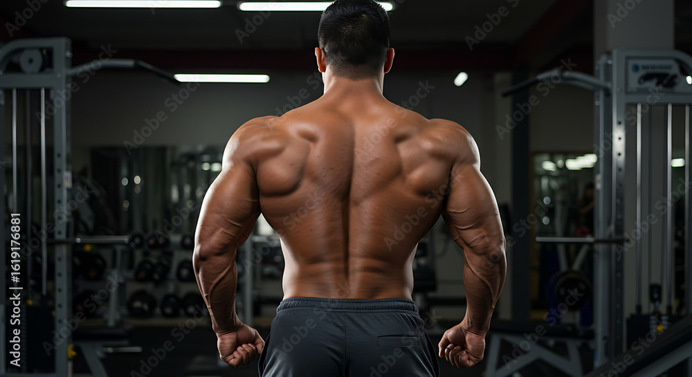 Fototapeta premium Powerful athletic man showcasing a chiseled back and muscular physique in a gym environment.