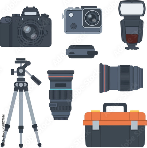 Illustration of photography equipment including a DSLR camera, point-and-shoot camera, flash, tripod, lenses, and a toolbox.
