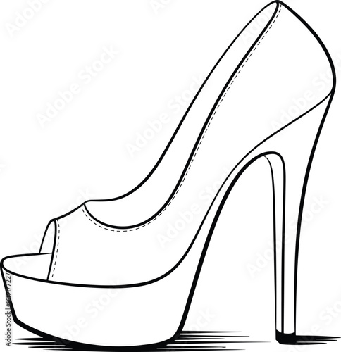High heel shoe vector illustration, fashion footwear sketch, stylish accessory design, elegant branding graphic, black and white line drawing