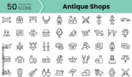 A collection of linear icons representing items found in antique shops, featuring vintage objects, collectibles, and decorative elements in a minimalist style.