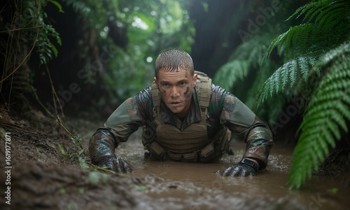 Soldier Crawling Through Mud in Jungle Military Training Extreme Conditions