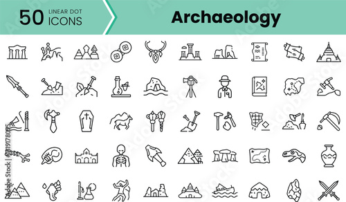 A collection of 50 linear icons representing various aspects of archaeology, featuring artifacts, tools, and archaeological sites, with a clean and modern design.