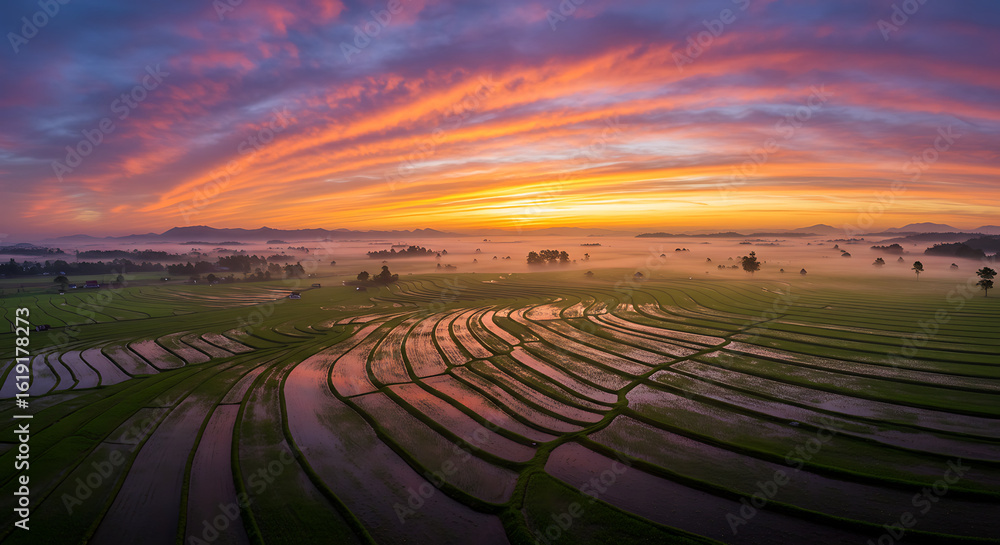 Naklejka premium Fiery panoramic sunrise over misty terraced rice paddies. The vibrant sky reflects on the water-filled fields in this scenic agricultural landscape.